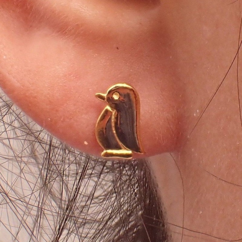 14k Penguin Earring, Yellow Gold Penguin Earring Gifts for Her, Tiny Penguin Stud Earring Gifts