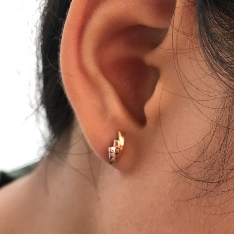 Three Color Earrings in 14K Solid Gold, Stud Post Earrings, Tri Color Earrings, Delicate Tiny Stud Earrings