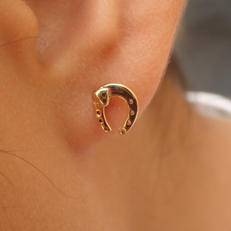 Horseshoe Stud Earrings, 14k Solid Gold Dainty Lucky Charm, Horse Lover Gift, Horse Rider Earring, Farmer Gift